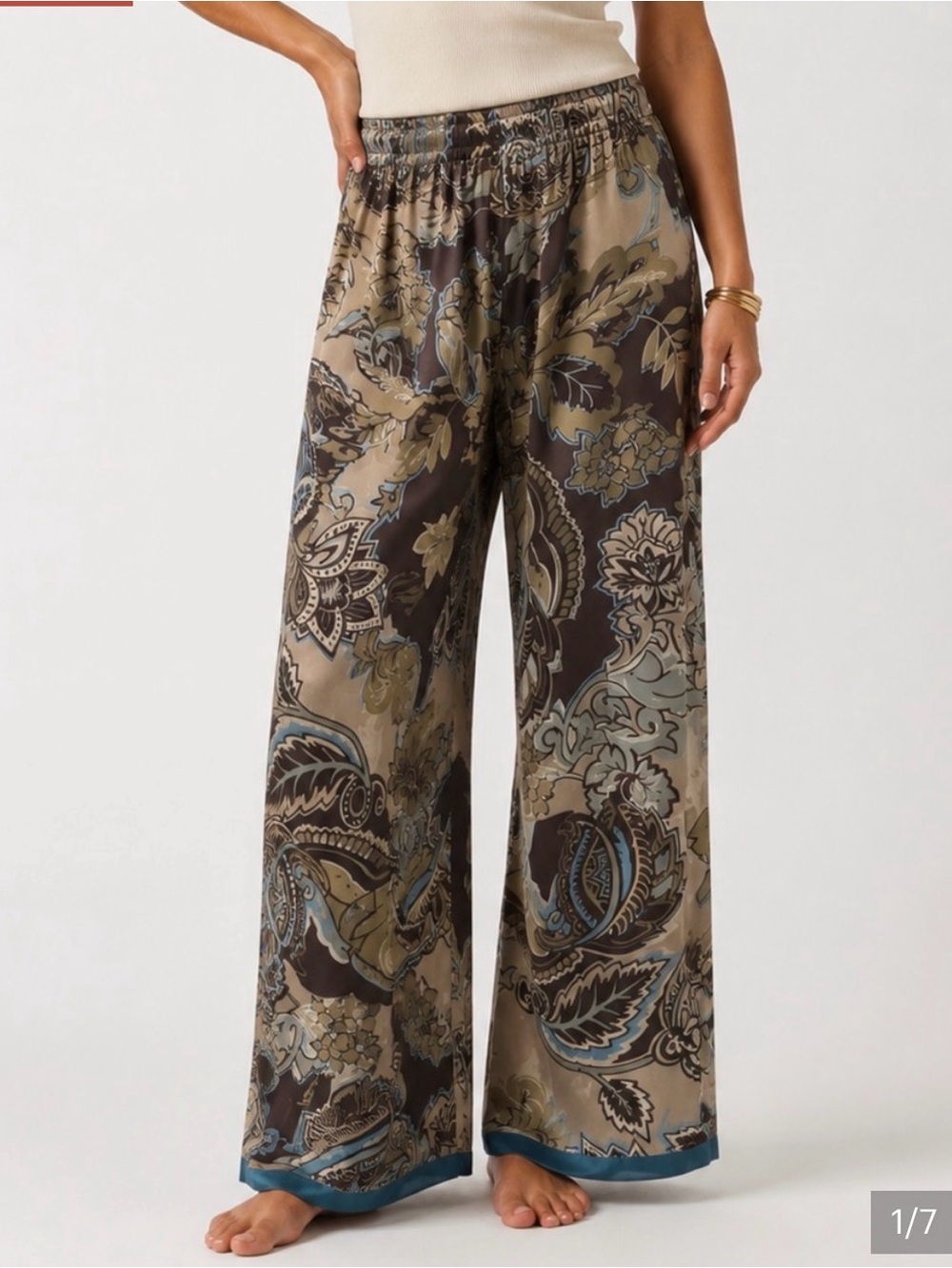 Umgee Brown Tan and Blue Floral Wide Leg Pull On Pants with pockets